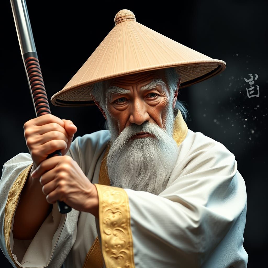 Elderly Asian Man in Kimono with Katana