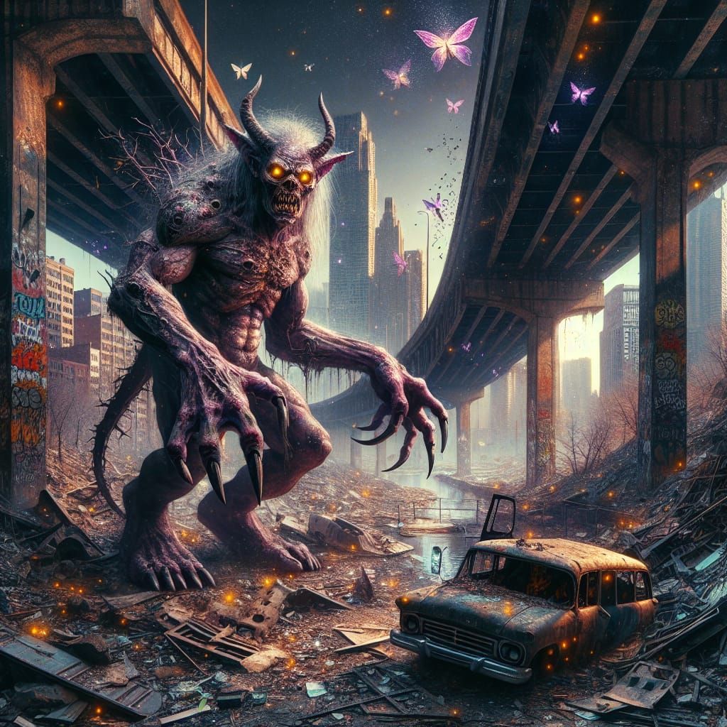 Grotesque Troll Emerges in Dystopian Cityscape