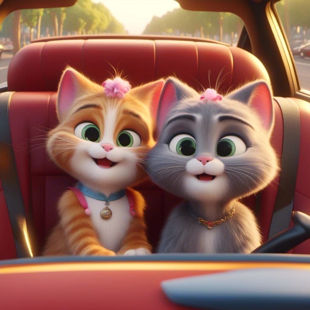 Ginger Cat Drives Car with Kittens