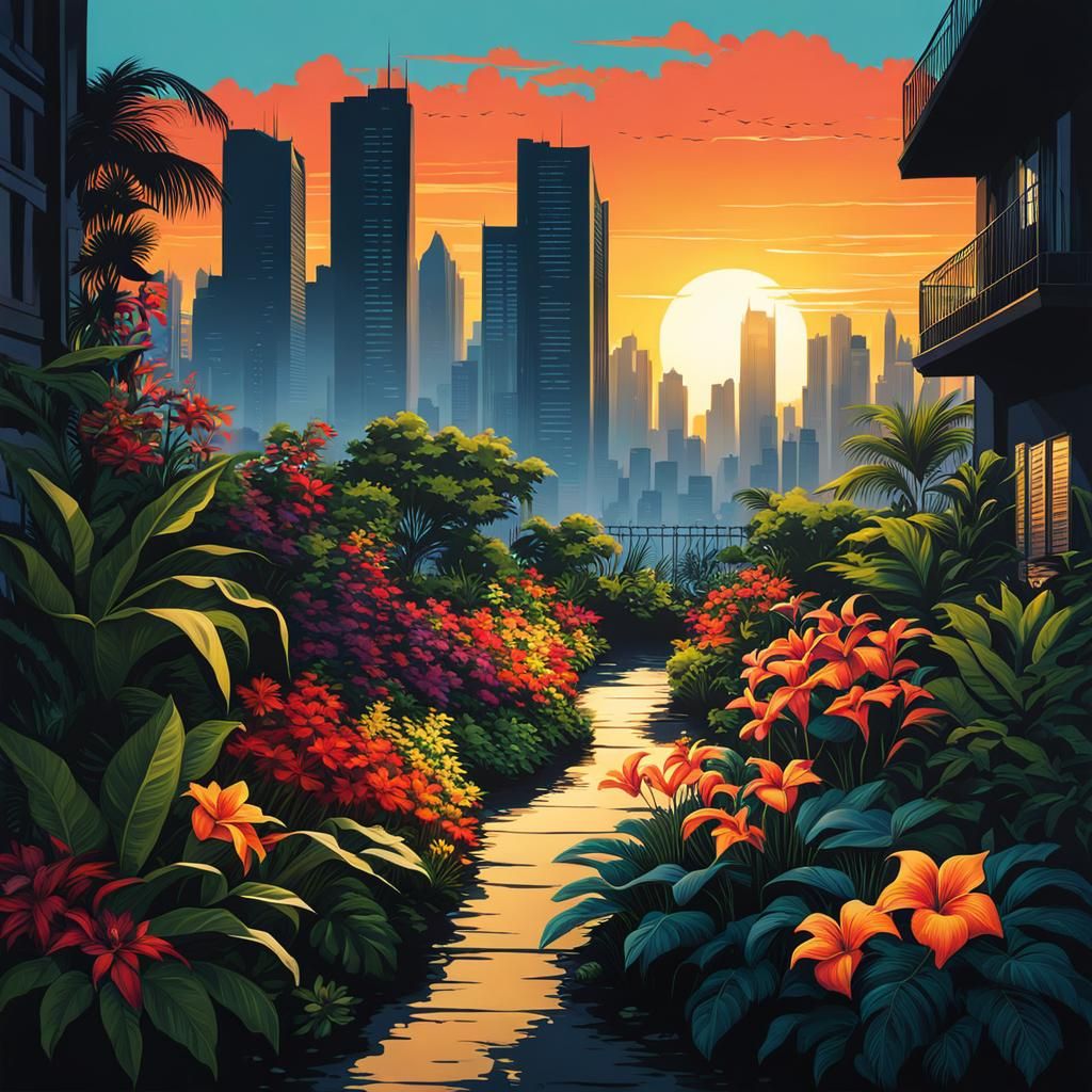 Urban Tropical Garden Blooms Amidst Gotham City Skyline