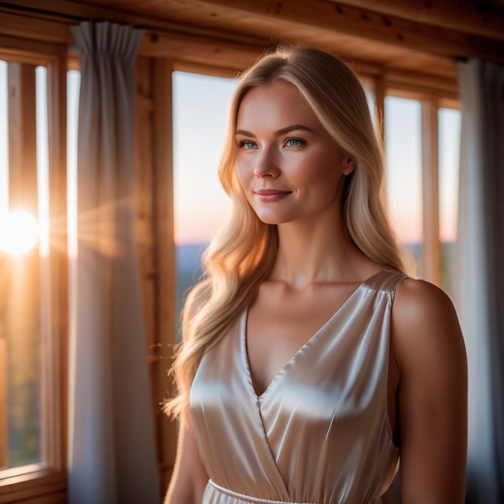 Sunrise Portrait of Finnish Woman in Mountain House