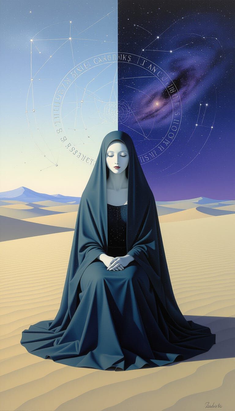 Surreal Veiled Figure in Desert and Cosmic Void