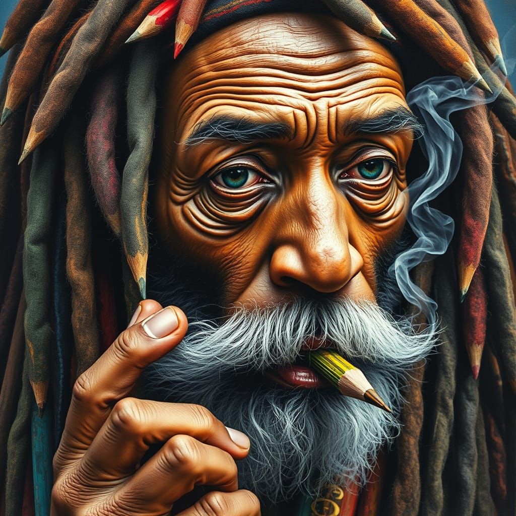 Rasta Man Made of Pencils in Gouache Style
