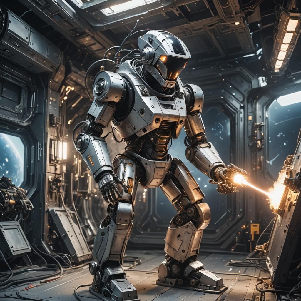 Robot Welder Repairs Spaceship in Deep Space