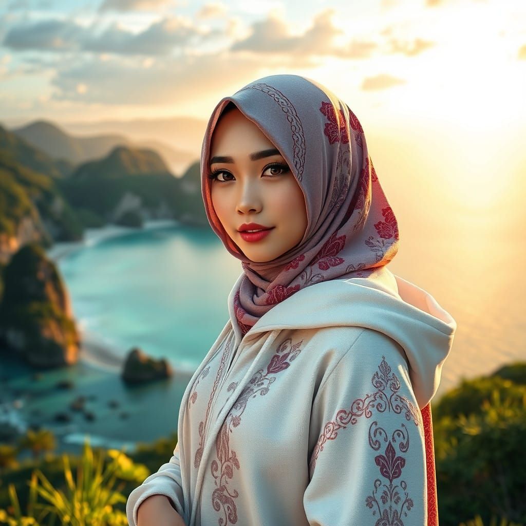 Woman in Hijab Poses Against Bali's Bay in 3D Anime Style