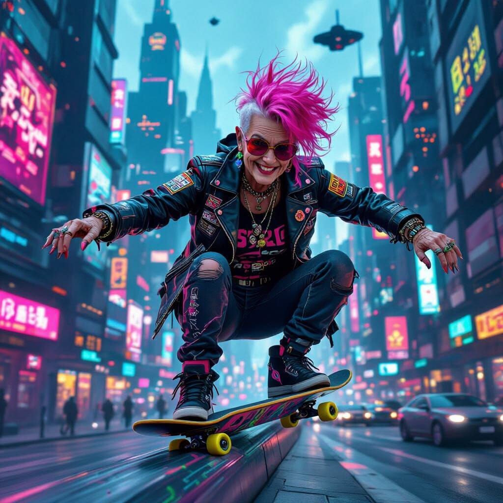 Cyberpunk Grandma Shreds in Neon Cityscape