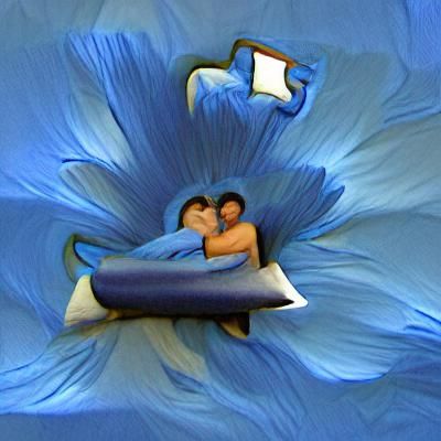 Couple Cuddling in Bed with Blue Flower Pillow