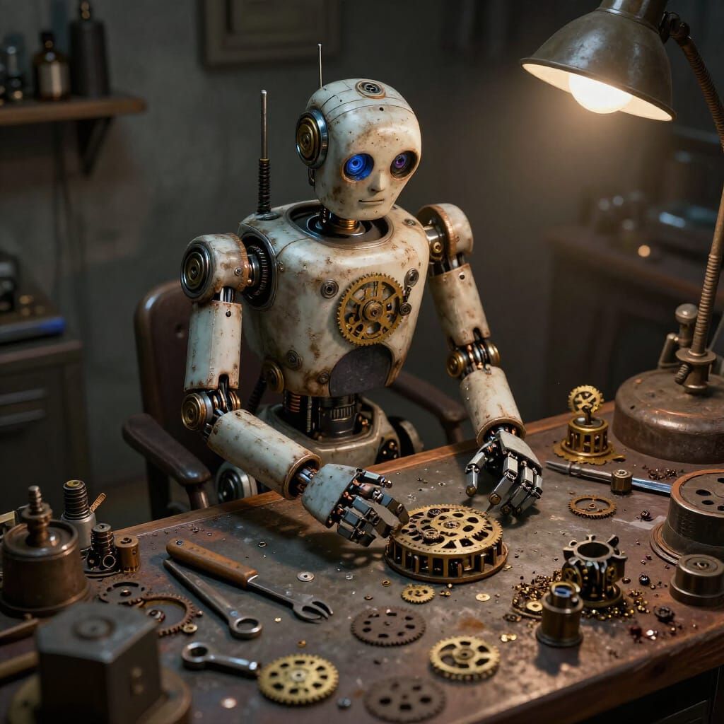 Weathered Robot at Cluttered Steampunk Workbench