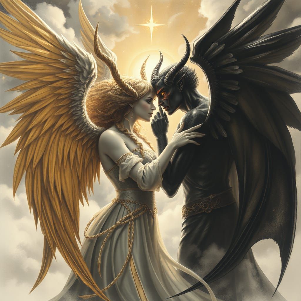 "Create an ethereal scene depicting a forbidden romance betw...