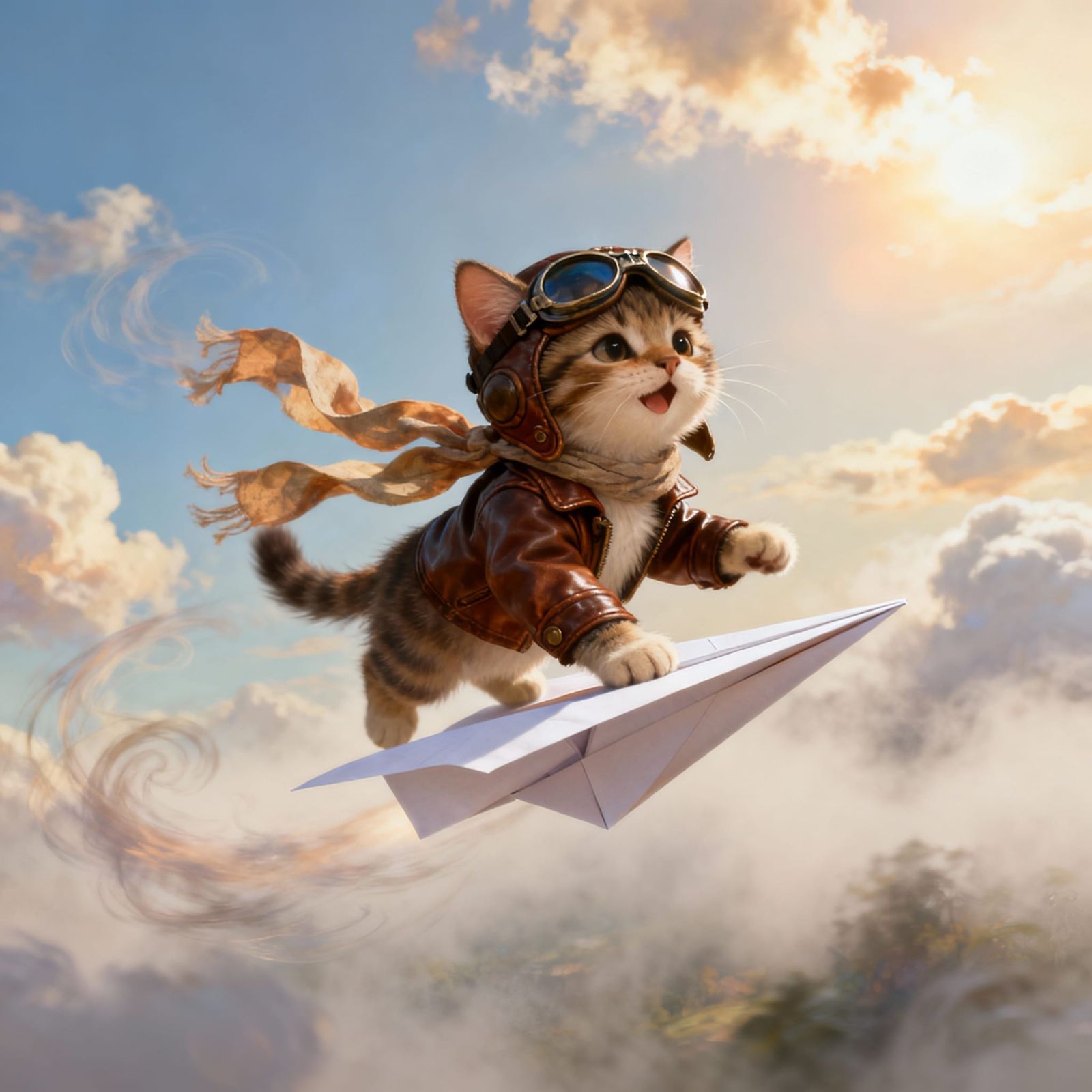 Kitten Pilot Flies Paper Airplane in Whimsical Sky