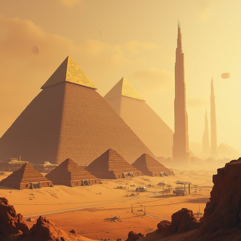 Giza Pyramids on Mars in Sci-Fi Style