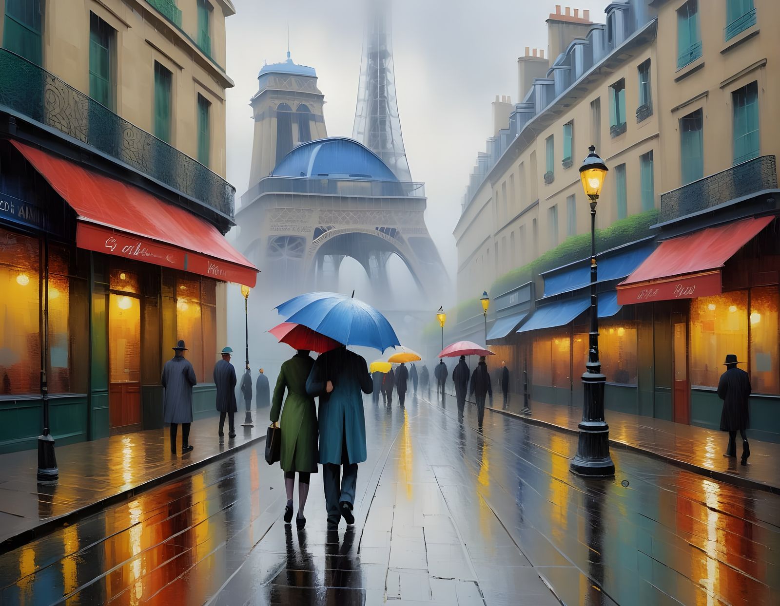 Impressionist Paris Street Scene in Rainy Weather