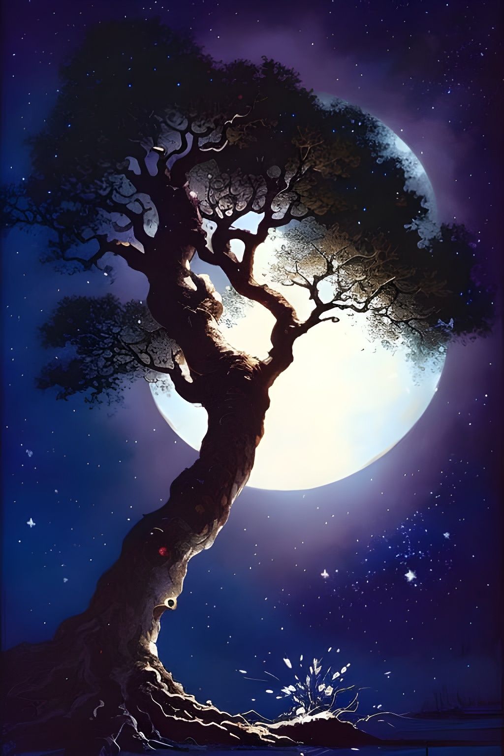 Sparkling Tree Spirals Around the Moon