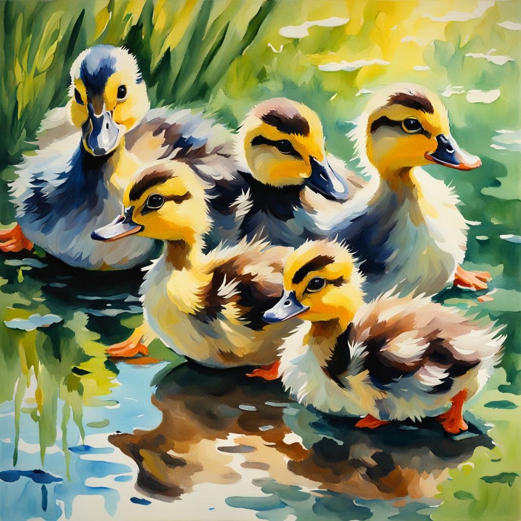 Baby Ducks as Impressionist Gouache Painting