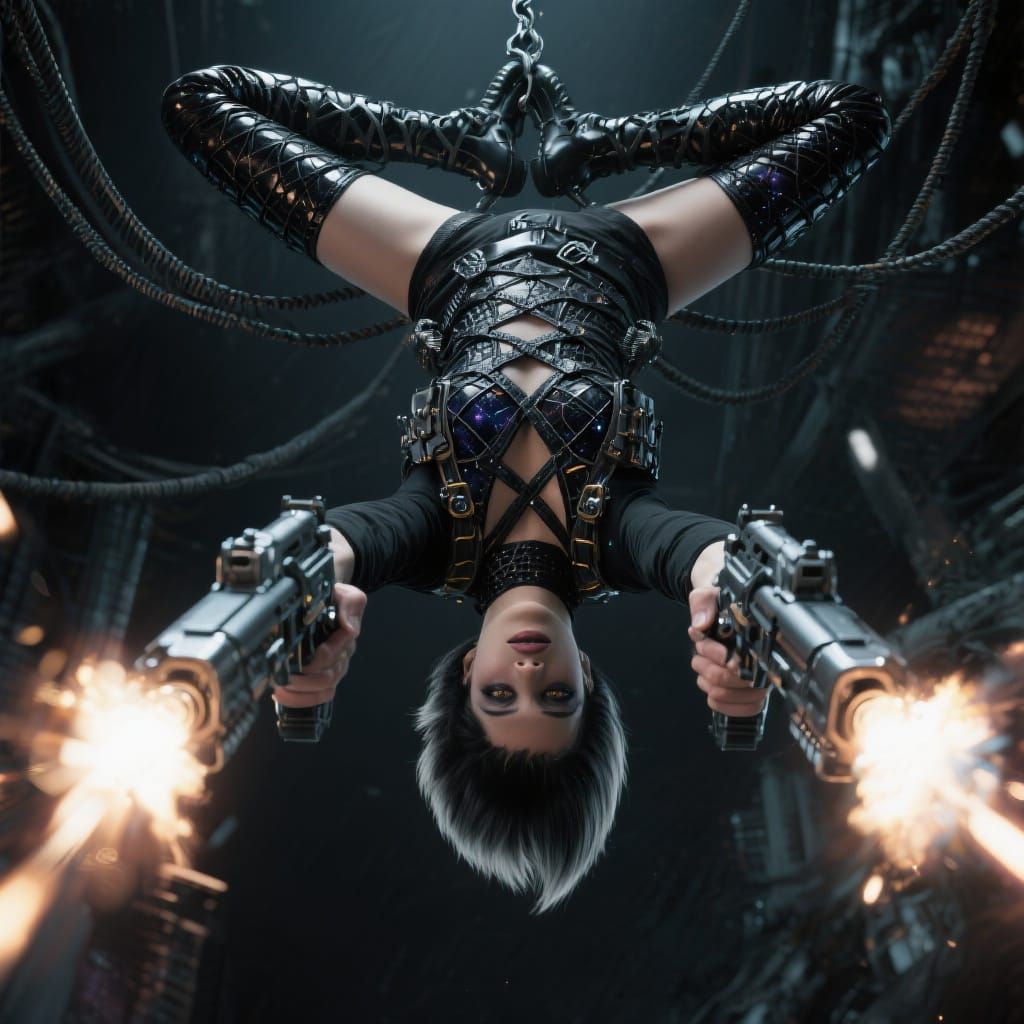 Sci-Fi Action Scene with Suspended Warrior in Dystopian Dark...