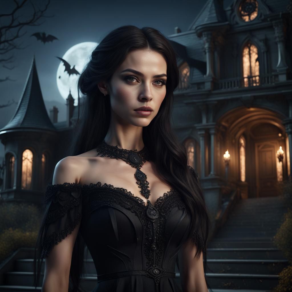 Young Witch Outside Gothic Mansion in Detailed Matte Paintin...