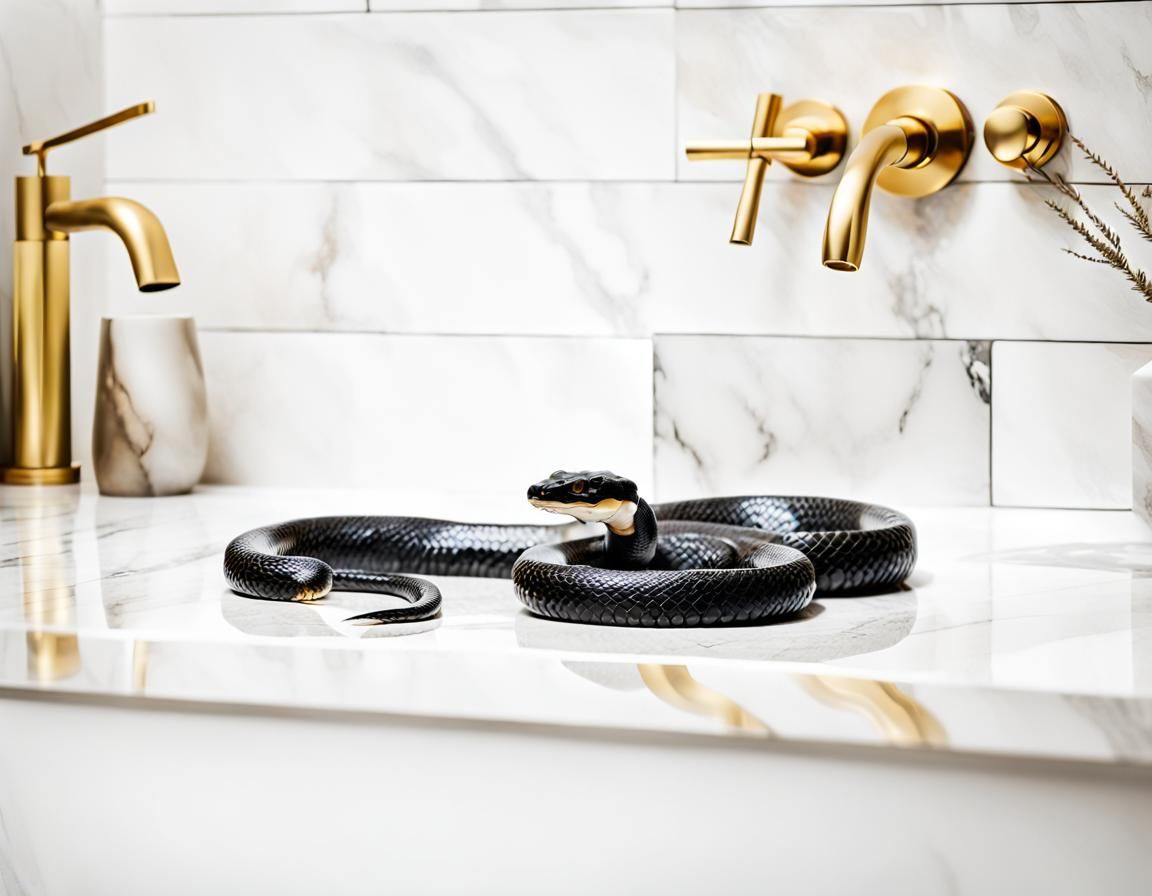 Black Snake in Chic Marble Bathroom: Fine Art Photo