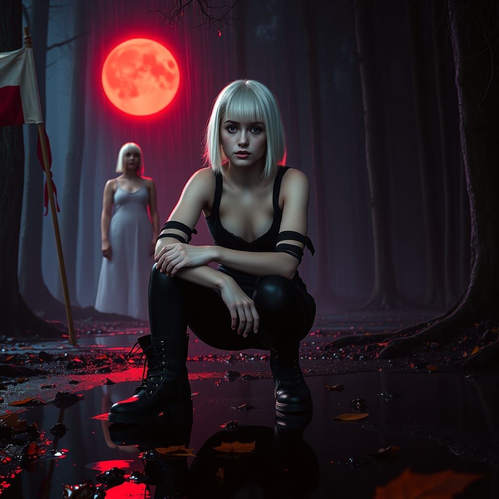 Mysterious Woman Illuminated by Blood-Red Moon in Dark Fores...