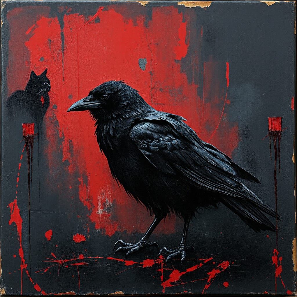 Moody Raven and Cat Oil Painting