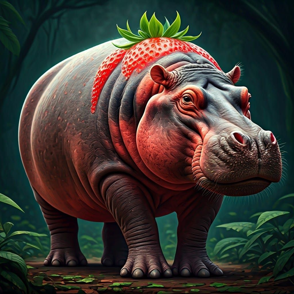 Fantastical Strawberry Hippo in a Jungle Oasis