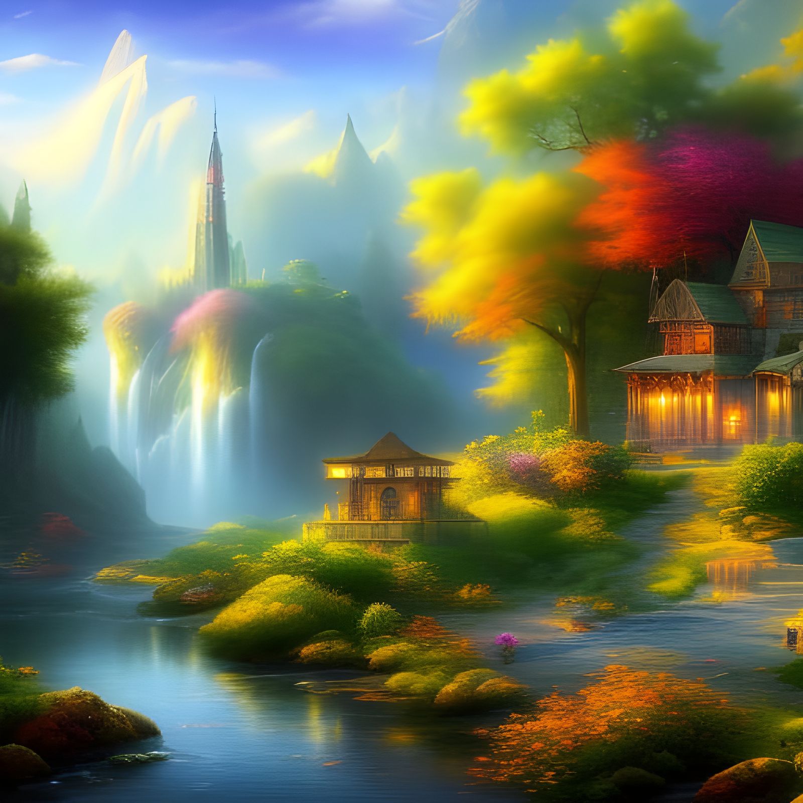 Futuristic Gothic Town with Water Cascades