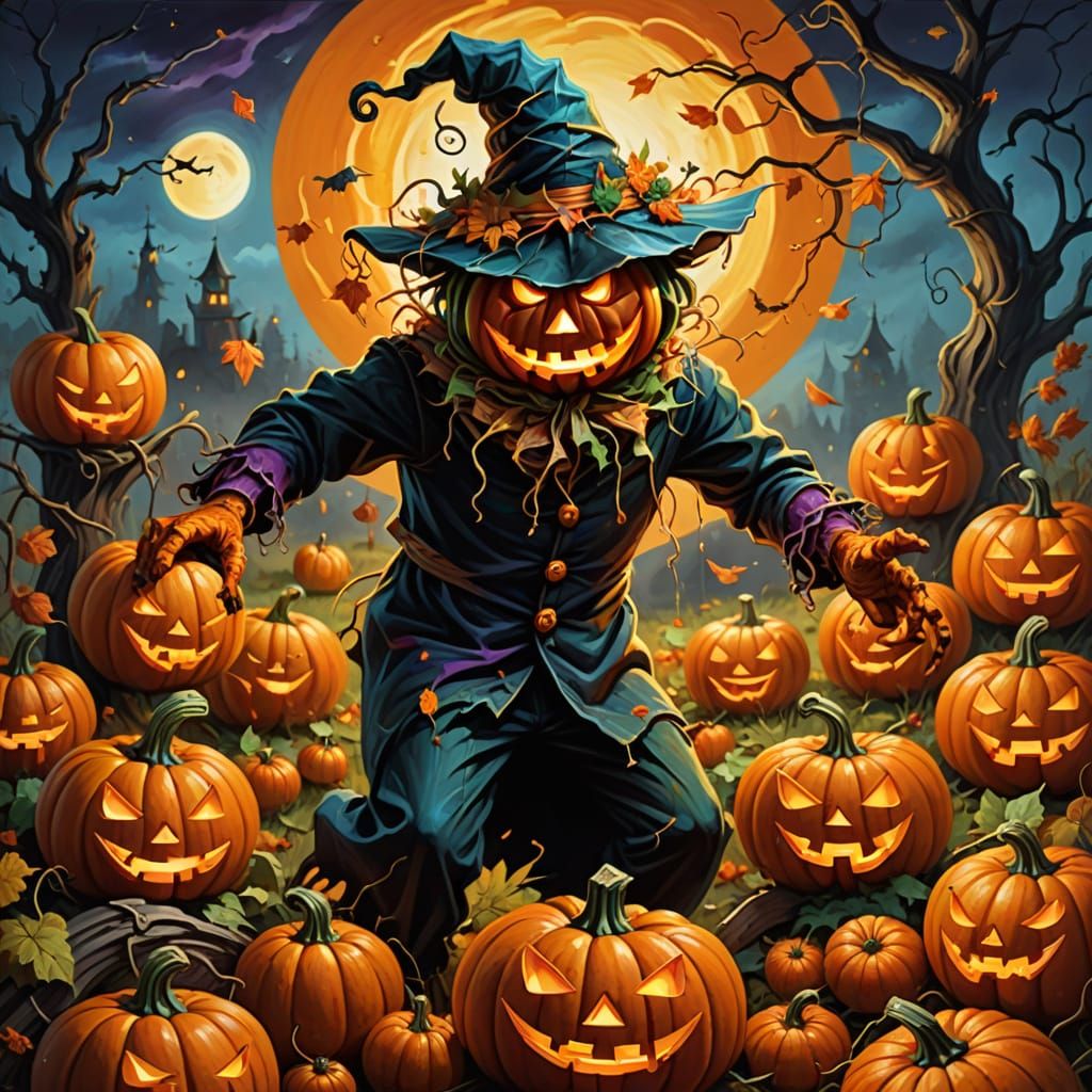 Digital painting. A jack o lantern scarecrow vomiting fruits...