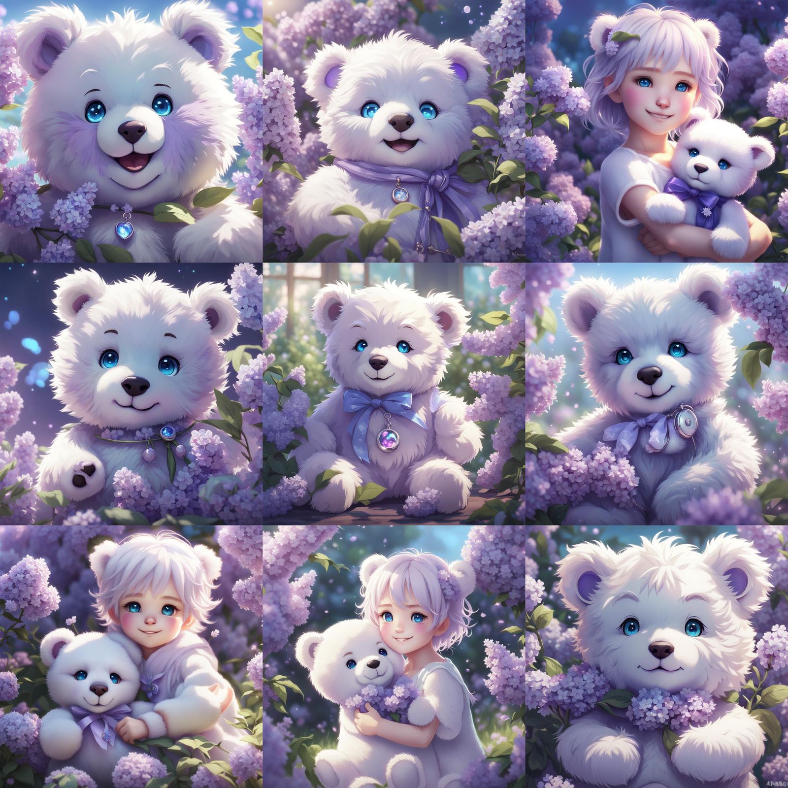 Fluffy Teddy Bear with Lilac Flowers: 3D Anime Art