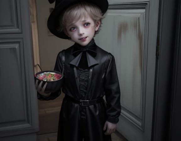 Unsettling Halloween Child in Garish Costume