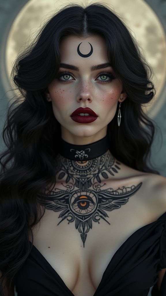 Gothic Muse Portrait with Moon Tattoo in Hyperrealism