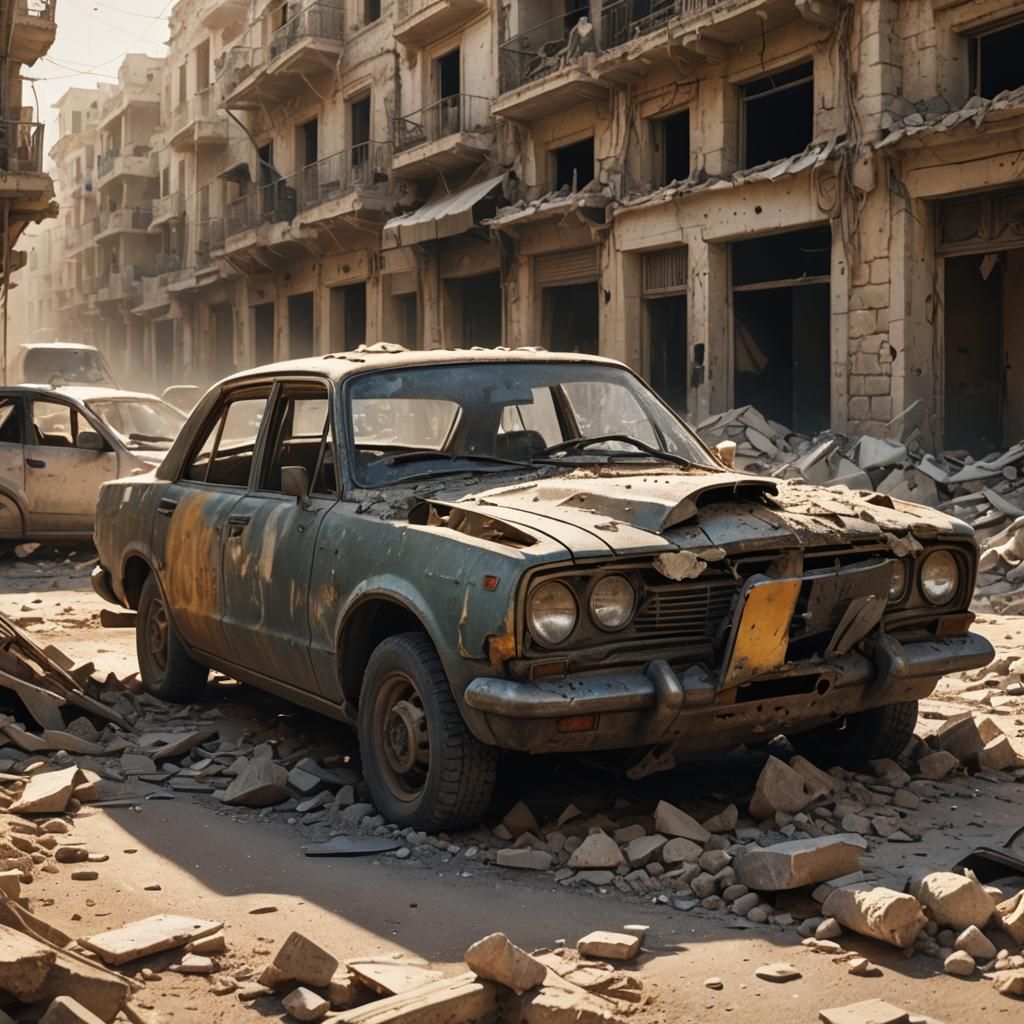 Damaged Car in War-Torn Syrian Street