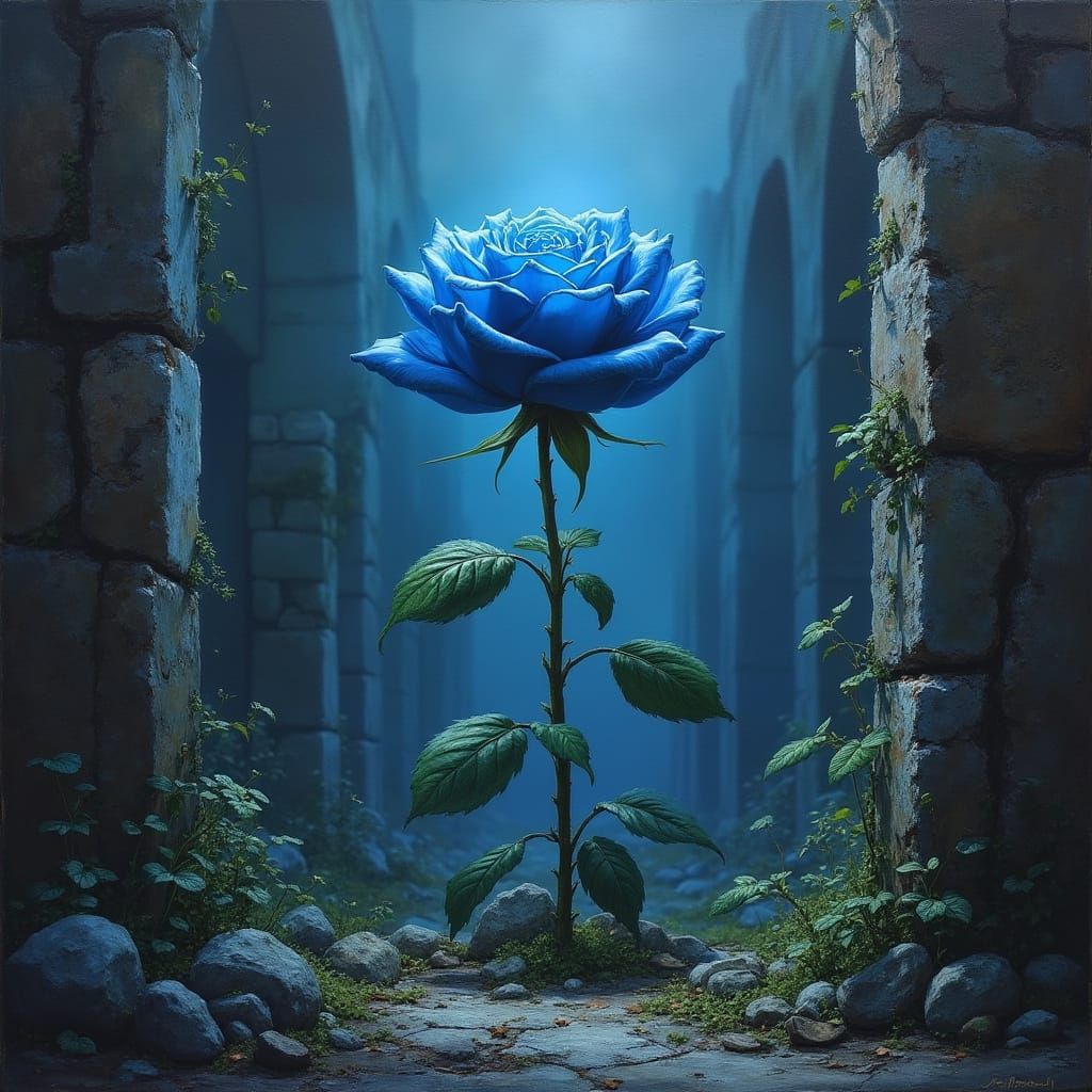 Blue Rose Blooms in Forgotten City Ruins