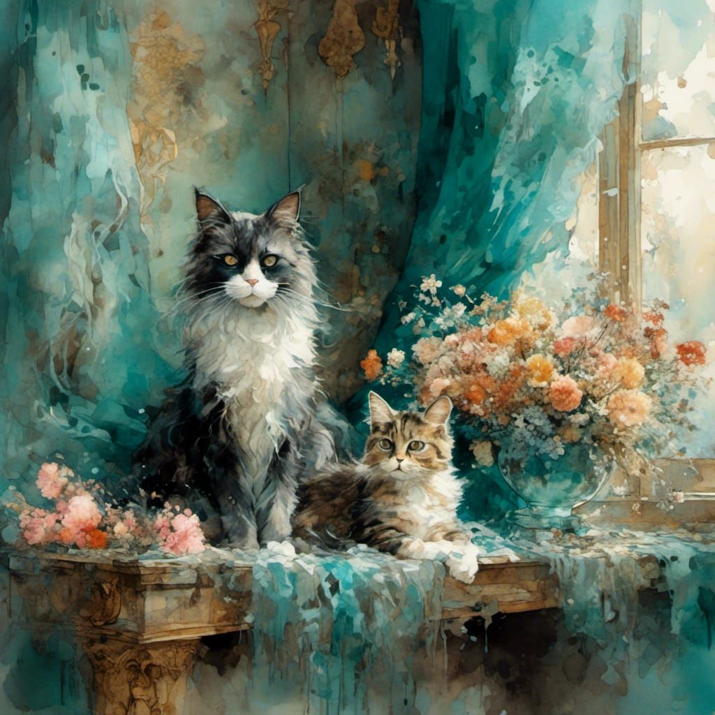 Impressionistic Watercolor of Cat with Lace Curtains