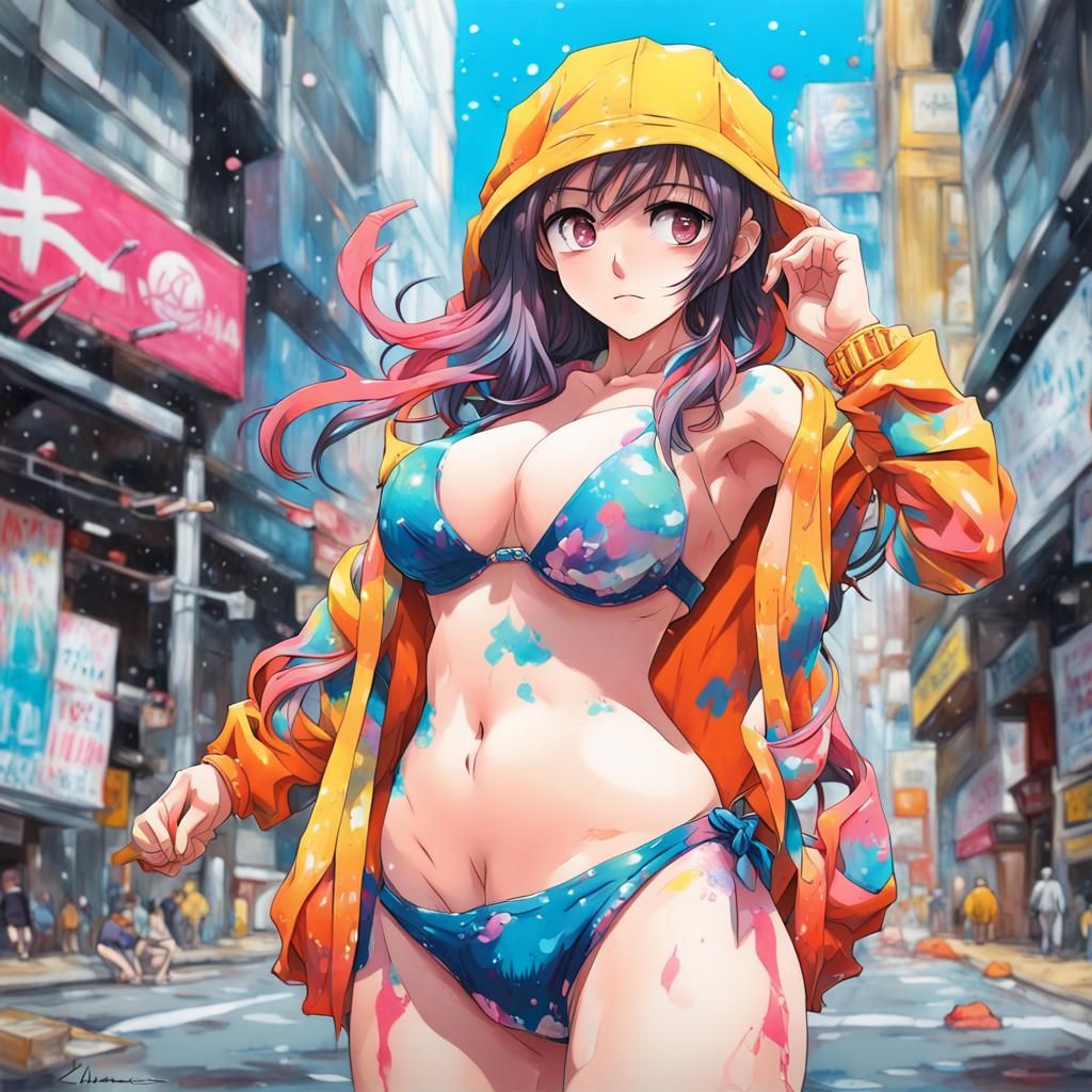Anime Girl in Bikini, Polychromatic Street Art Style