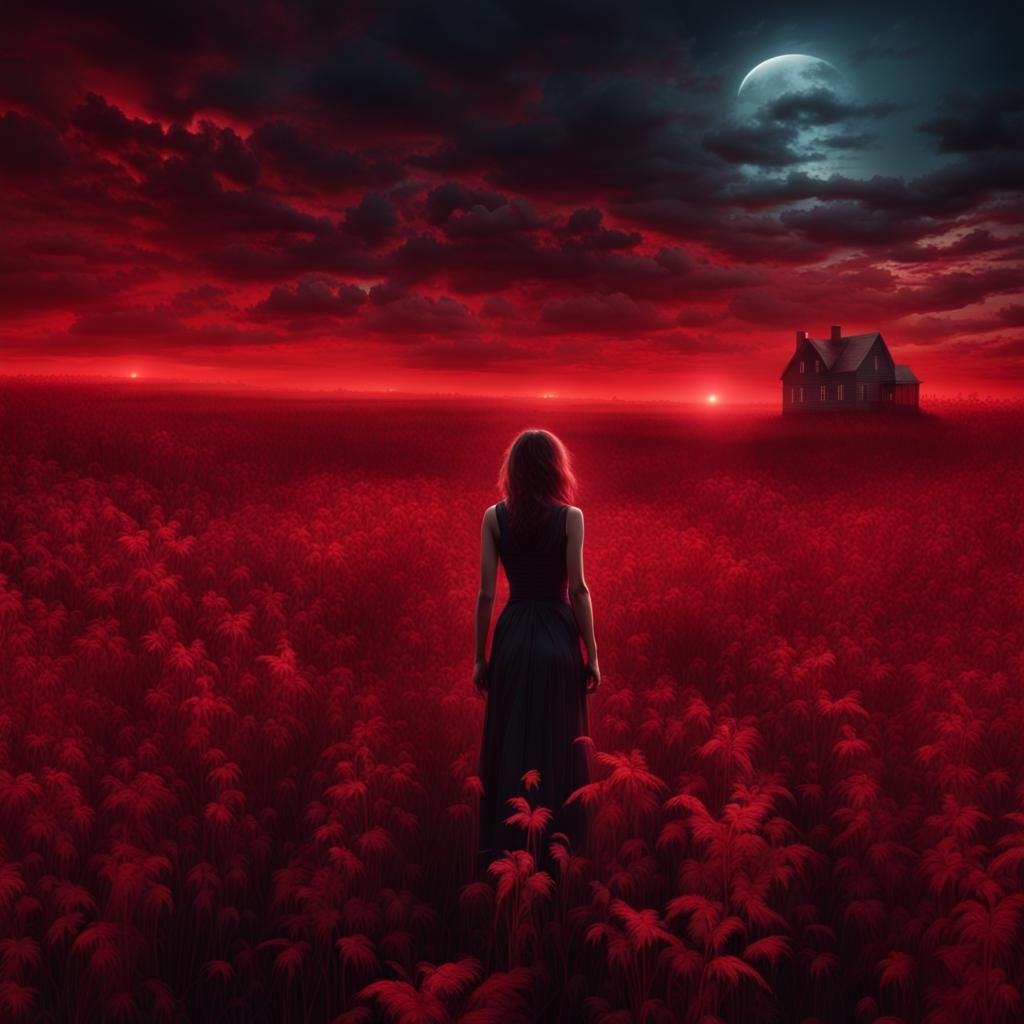 Ethereal Red Figure in Weed Field: Digital Matte Painting