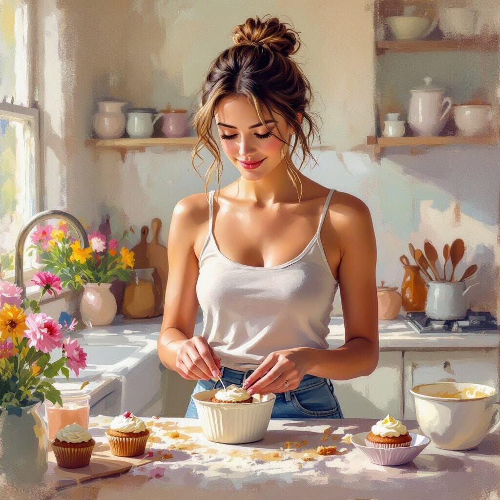 Woman Baking Cupcake in Colorful Kitchen, Impressionistic Oi...