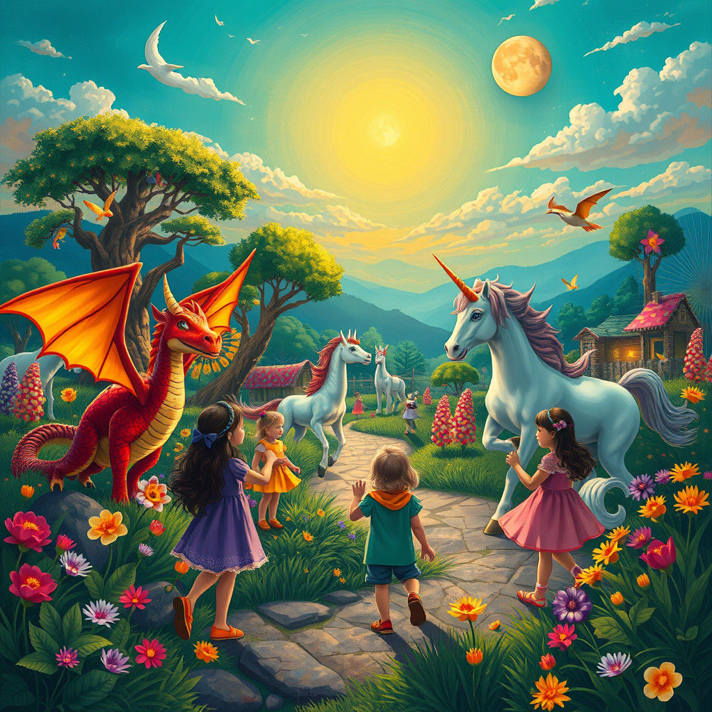 Vibrant Fantasy Zoo with Magical Creatures and Happy Childre...