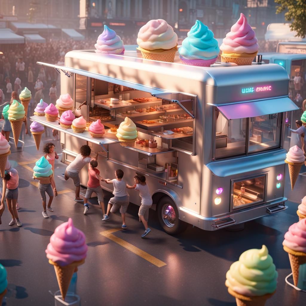 Floating Food Truck with Holographic Ice Cream Cone