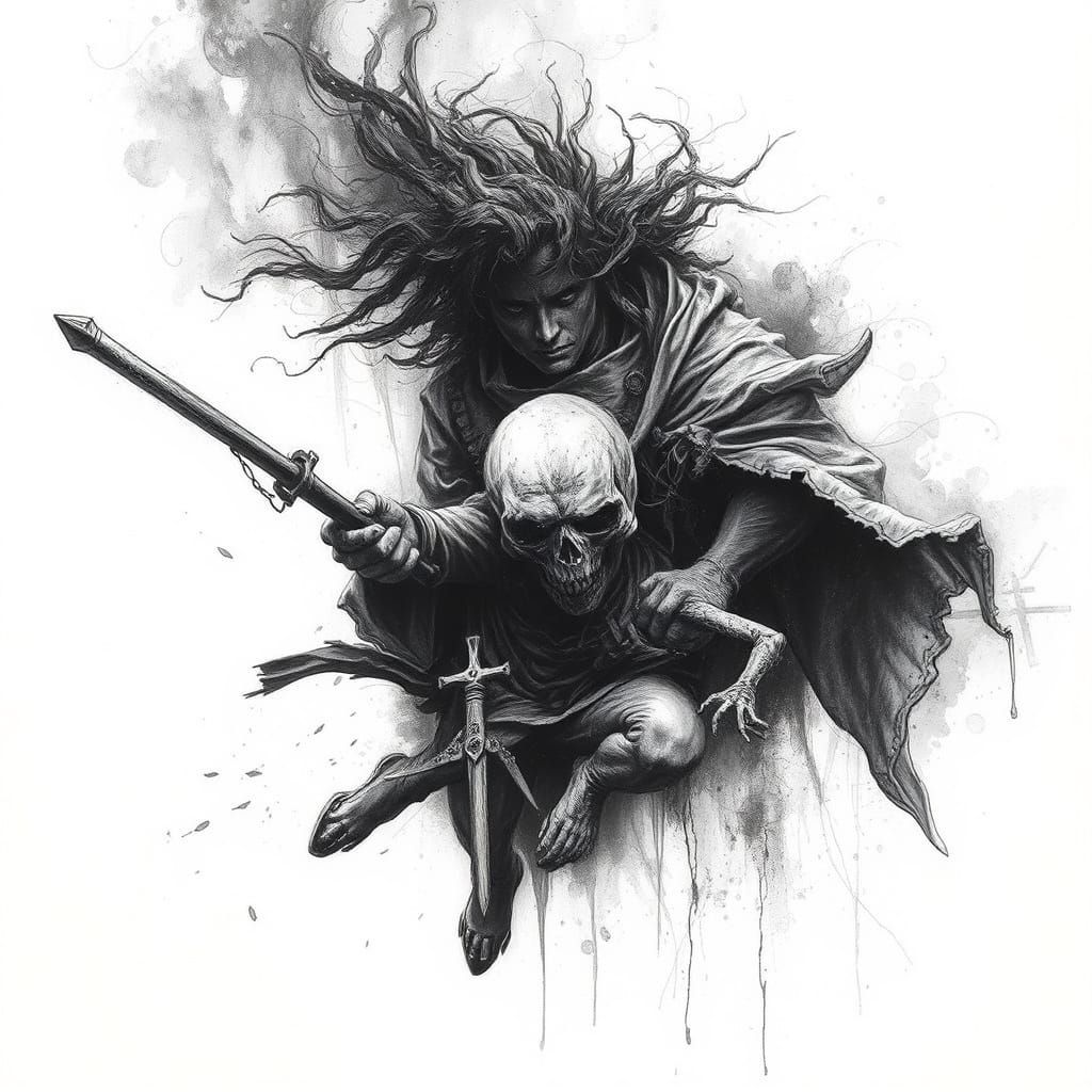 Tormented Soul Dragged Through Combat in Charcoal Drawing