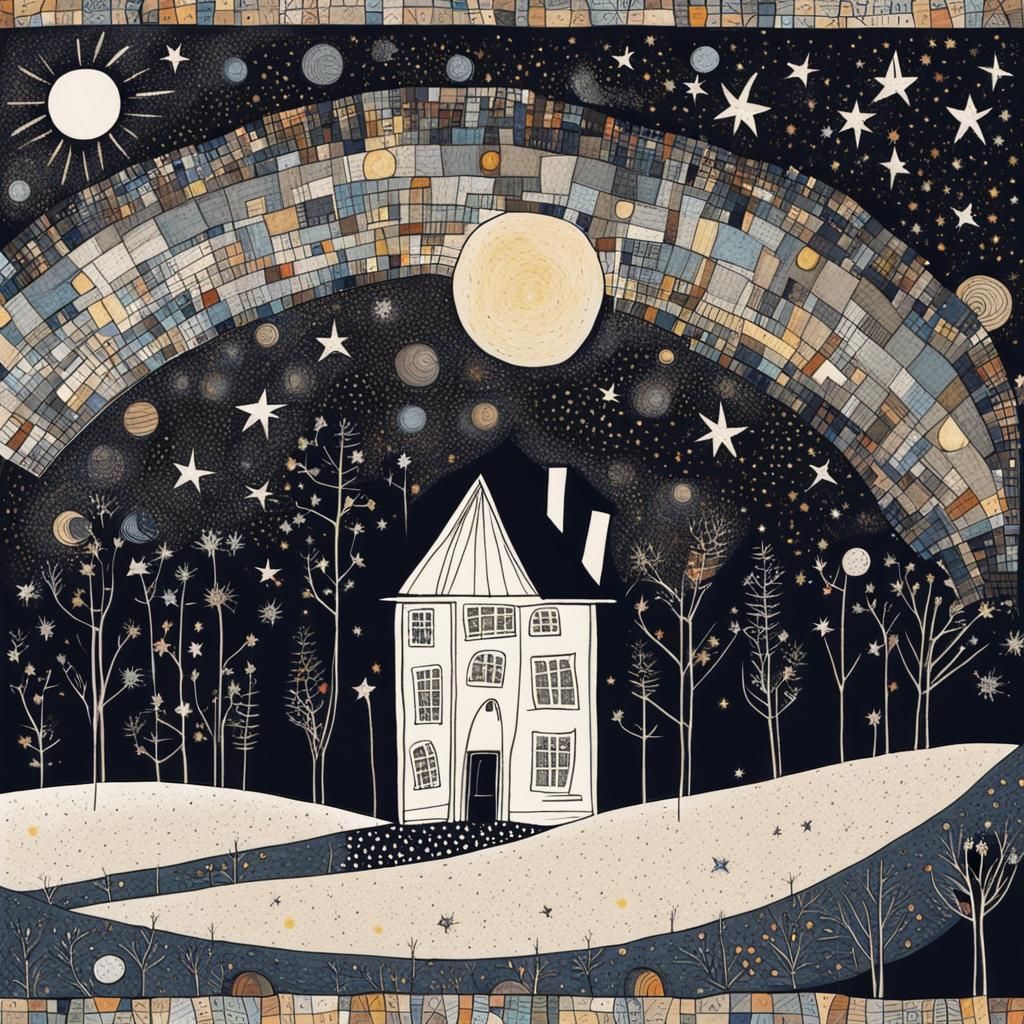 Starry House on the Moon in Art Brut Style