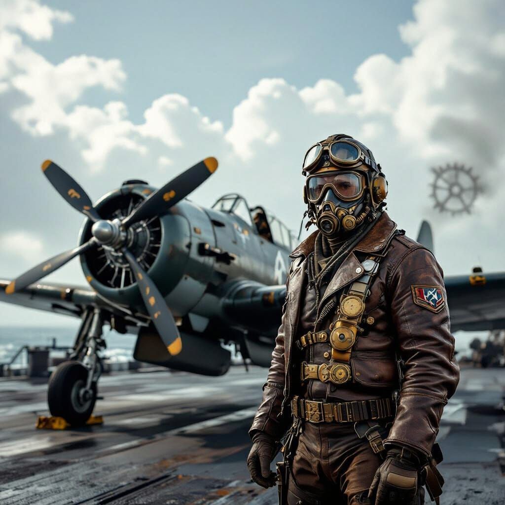 Steampunk US Navy Pilot with Clockwork F6F Hellcat
