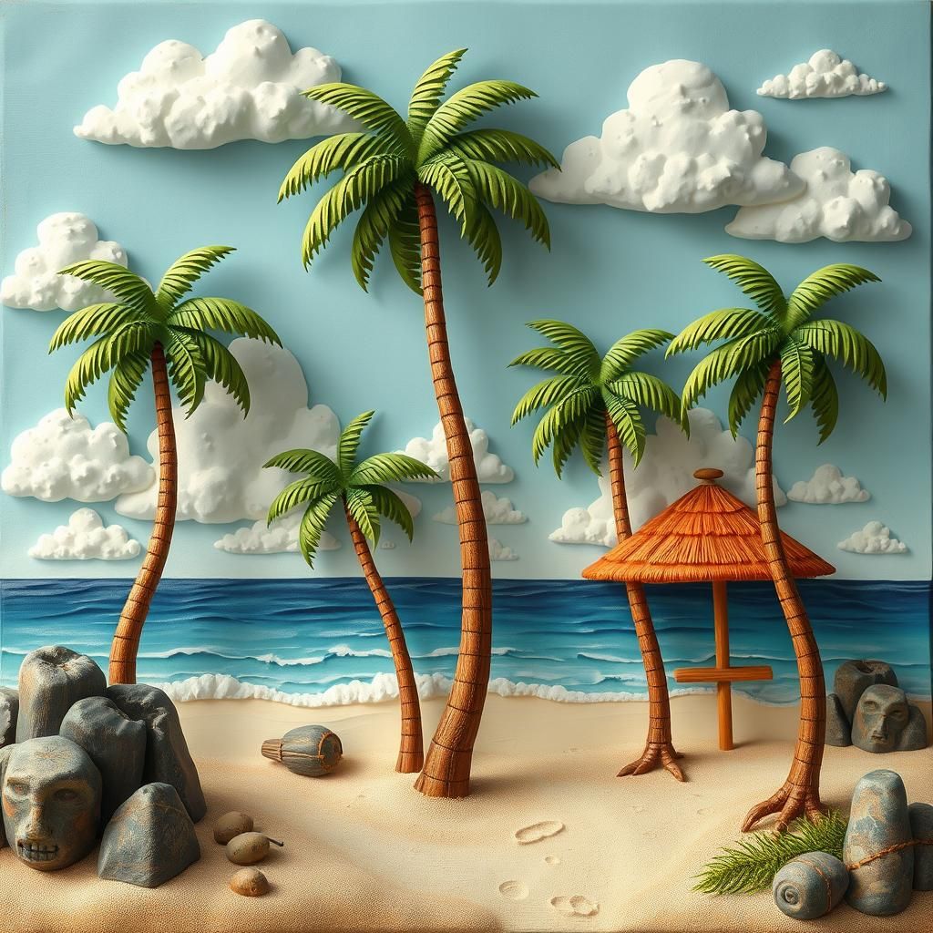 Whimsical Palm Beach Scene in Folk Art Style