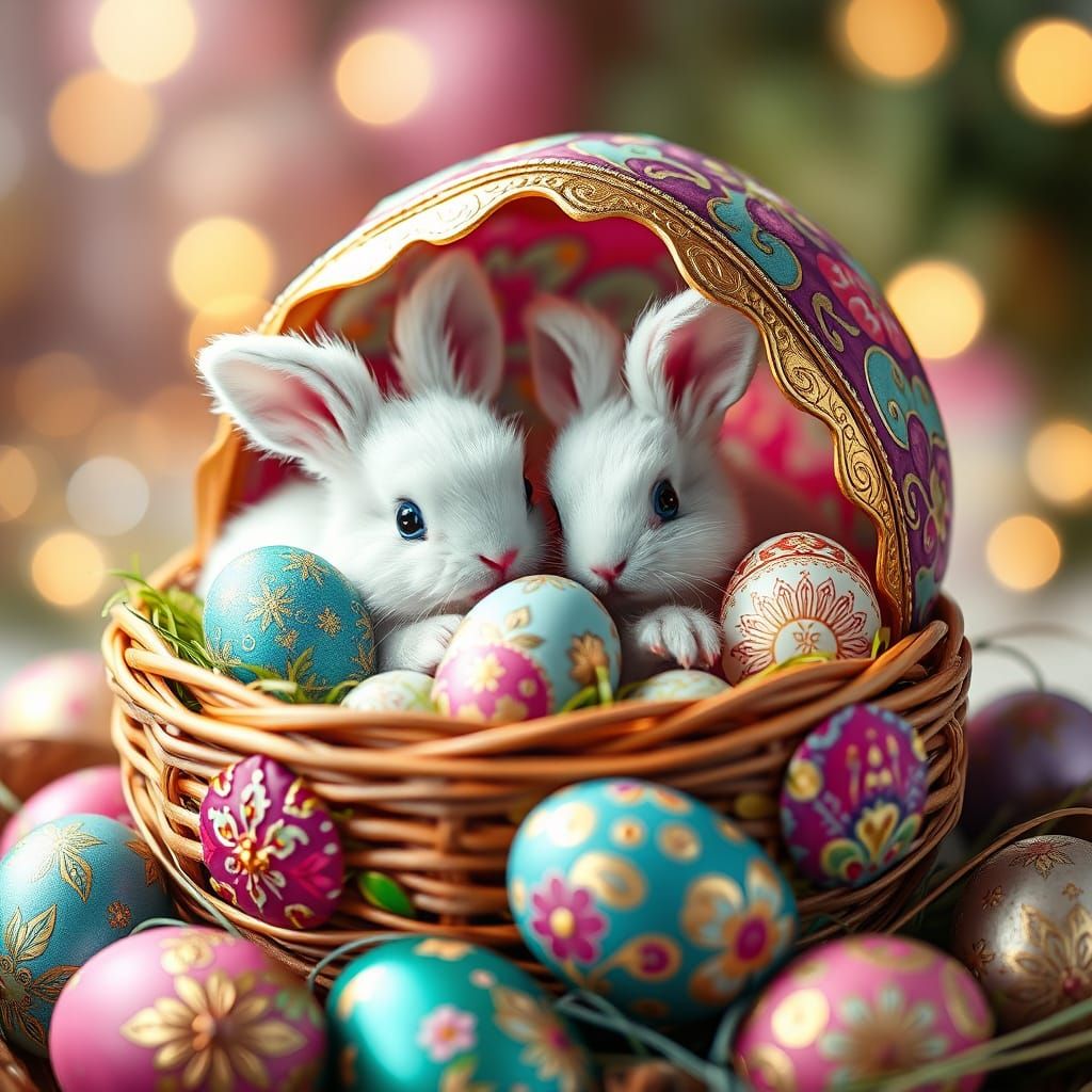Whimsical Easter Bunnies in a Fabergé-Inspired Egg