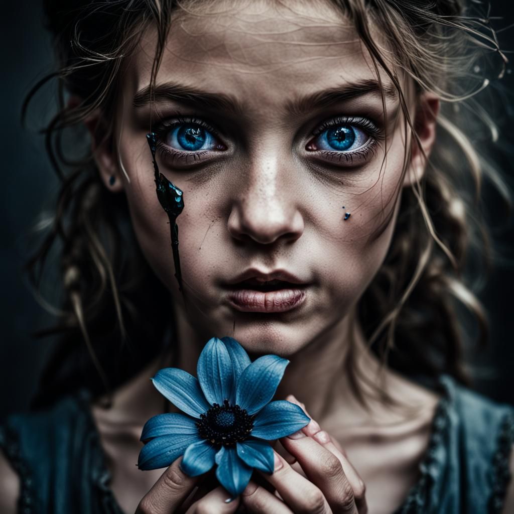 Girl with Tears Holding Black Flower Portrait
