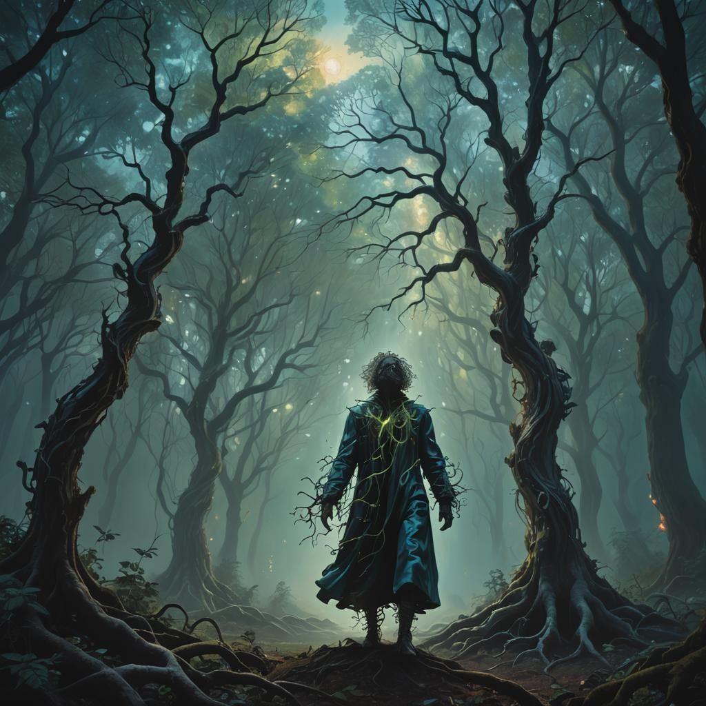 Glowing Tree in Mystical Forest: Surreal Oil Painting