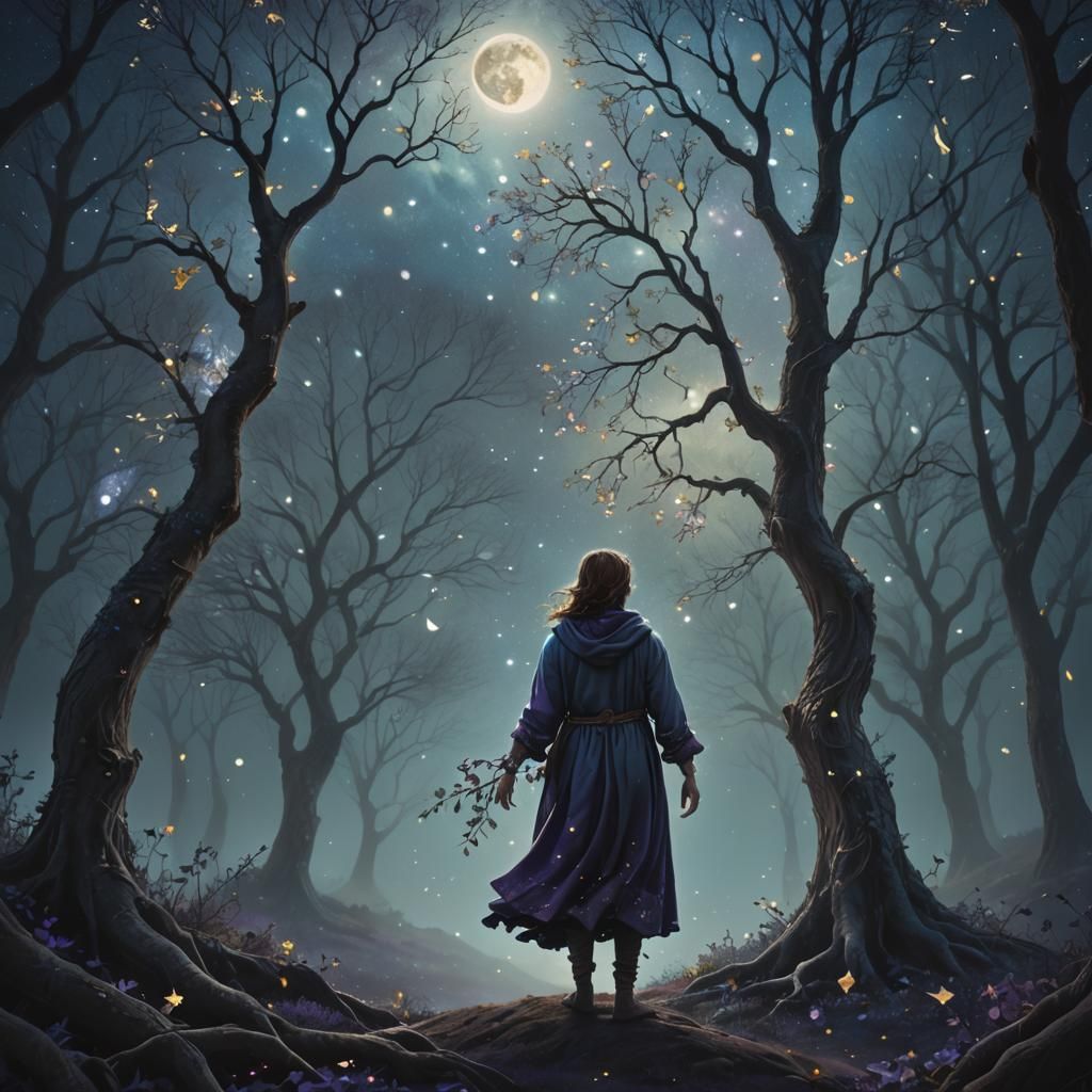 Mystical Tree of Life in Starry Night Sky