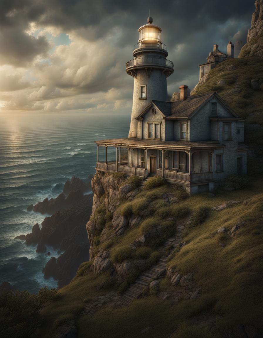 Dramatic Lighthouse Overlooking Ocean, Digital Matte Paintin...