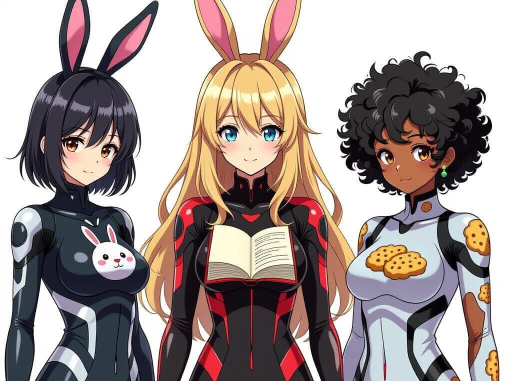 Anime Women in Futuristic Bodysuits with Unique Prints