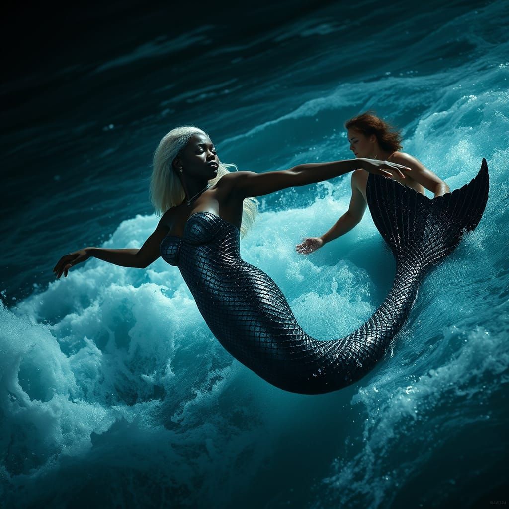 African Mermaid Enchanting Man at Night