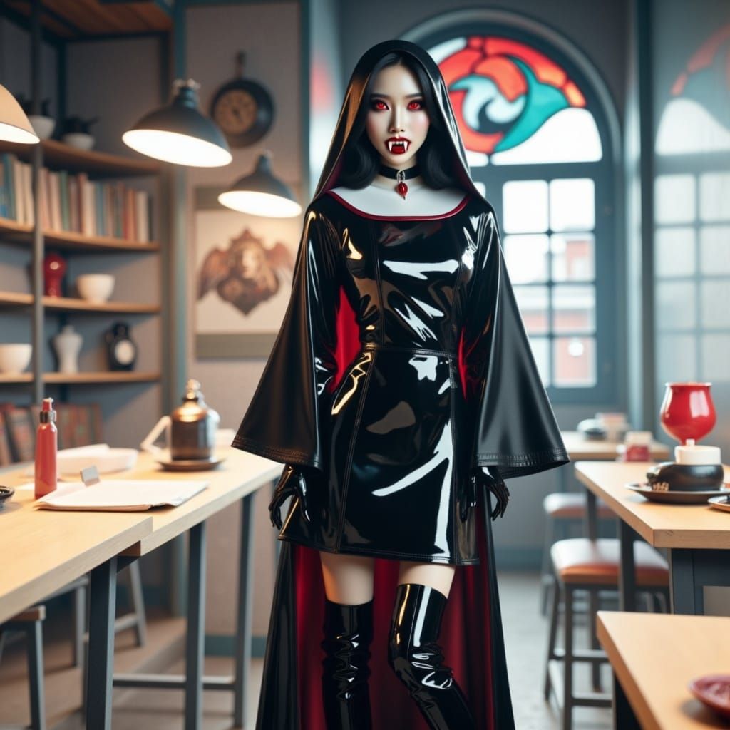 Corrupted Asian Vampire Nun in Gothic Stained Glass Style