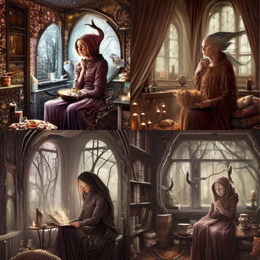 Cozy Witch's Kitchen: Old Lady Knitting by Fire